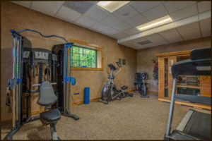 Fitness room with weight machine, exercise bike, treadmill, and window view